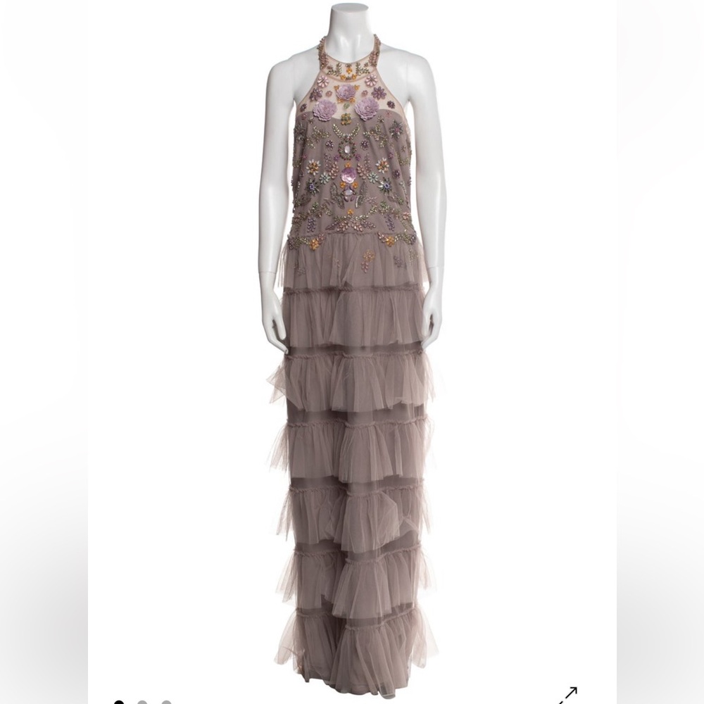 Marchesa Notte Embellished Taupe Tiered Tulle Evening Dress